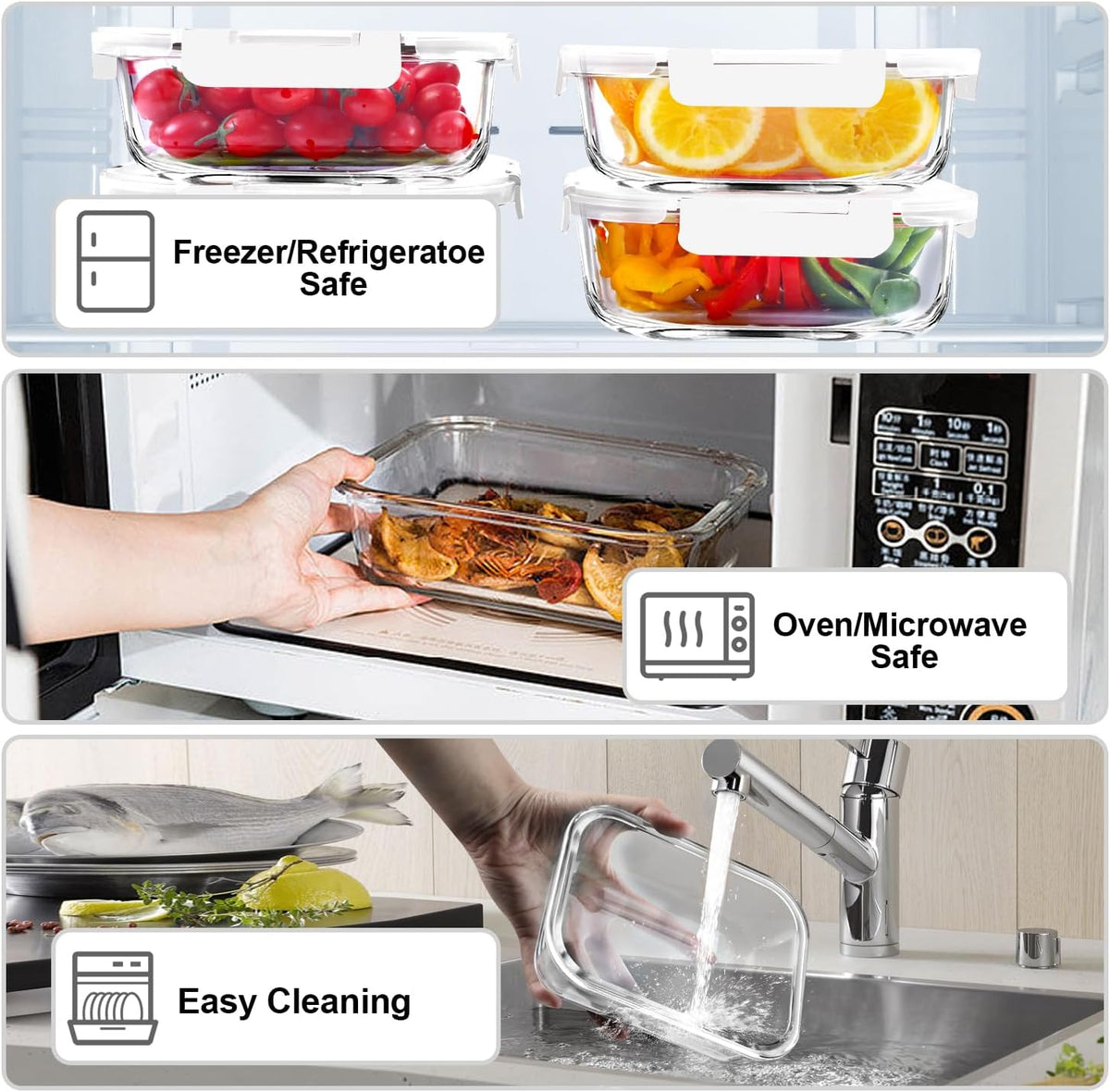 VERONES 5 Pack 36 OZ Glass Meal Prep Containers, Airtight Glass Lunch Containers Set, Glass Food Storage Containers with Lids,Exclusive of BPA, for Microwave, Oven, Freezer & Dishwasher Friendly,Grey