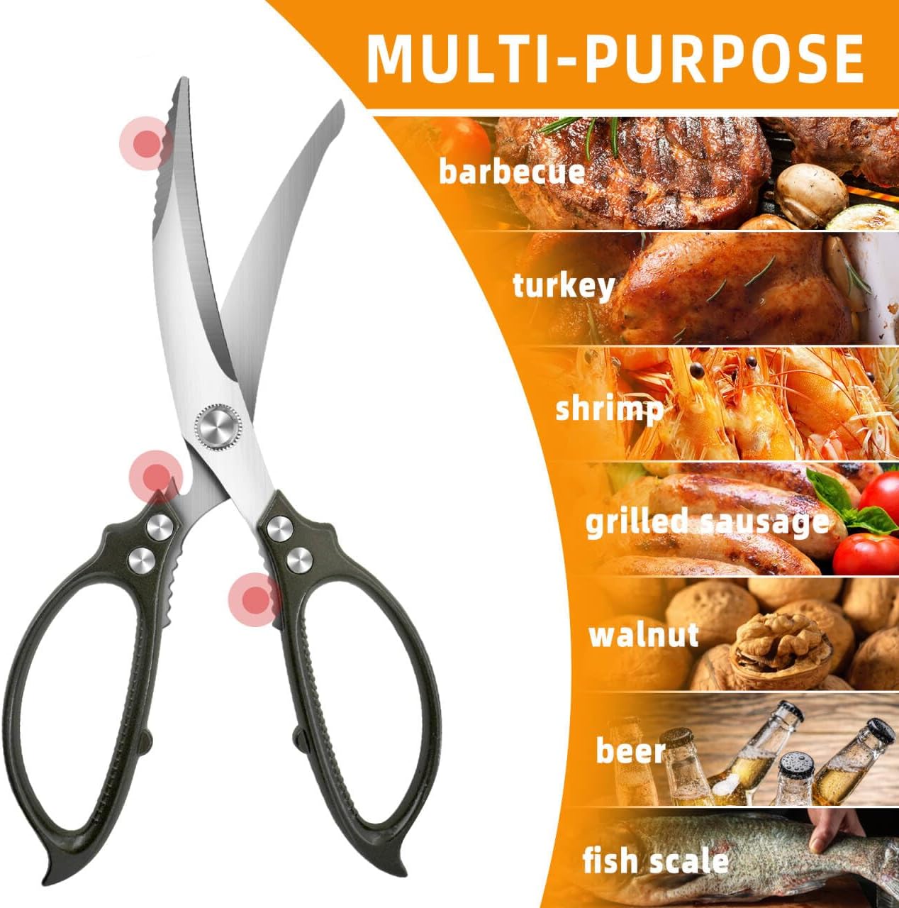 Heavy Duty Kitchen Scissors,Multipurpose Utility Stainless Steel Poultry Shears, All Purpose Scissors for BBQ Use with Aluminum Alloy Non-Slip Handle,Dishwasher Safe