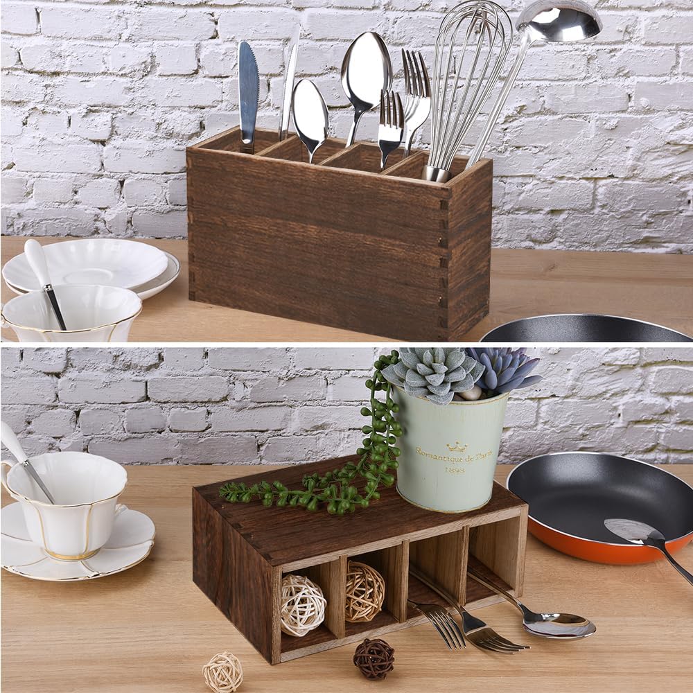 WuGeShop Wood Cutlery Caddy, Kitchen Utensil Organizer with 4 Compartments, Silverware Storage Kitchen Countertop Flatware Organizer
