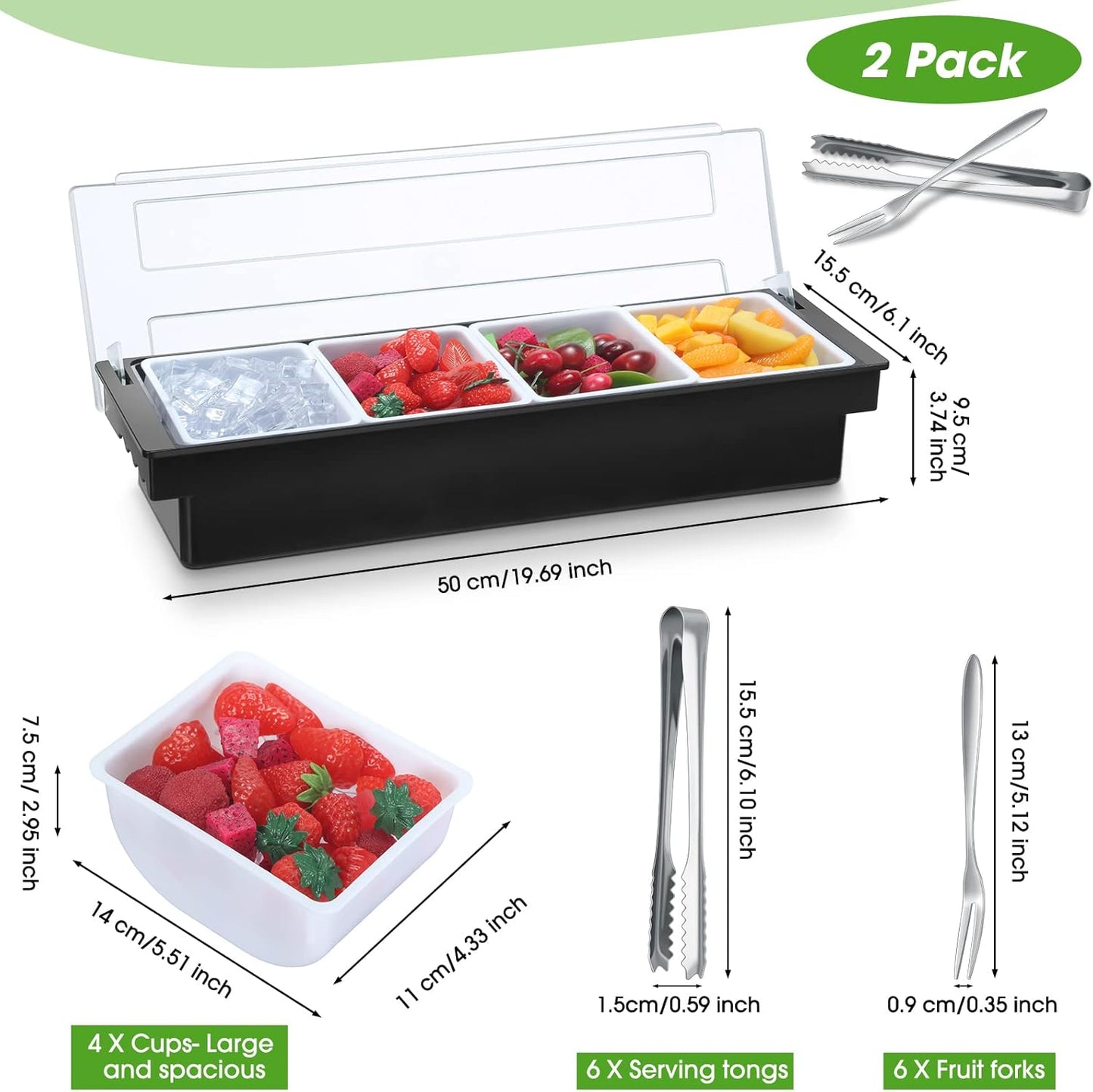 2 Ice Cooled Garnish Tray Deck Bar Garnish Caddy Condiment Containers with Lids and Removable Chilled Condiment Server with 6 Tongs and 6 Fruit Forks (6 Compartments)