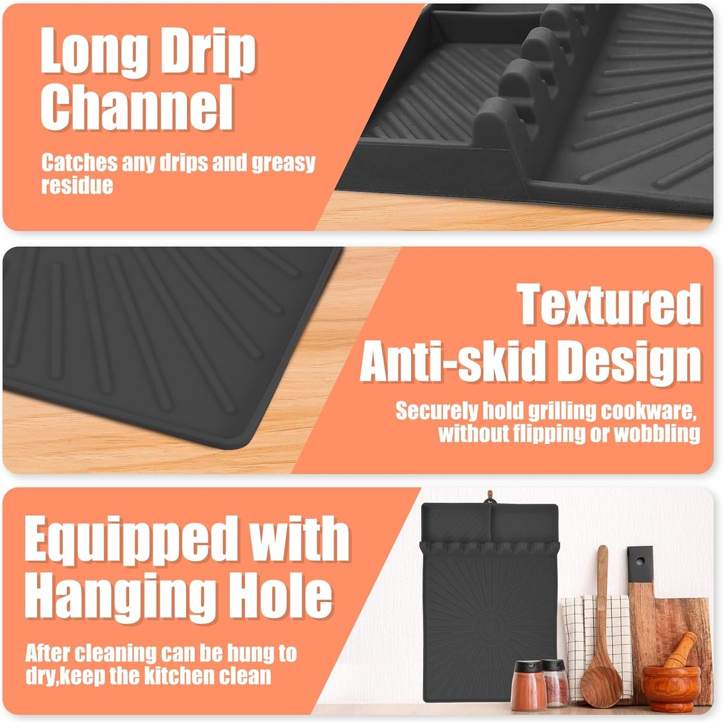 Large Silicone Grill Mat with Drip Pad, Heat Resistant Spatula Holder for Blackstone Side Shelf & Outdoor Kitchen Countertop, Reusable Griddle Accessories for BBQ Enthusiasts and Home Cooks