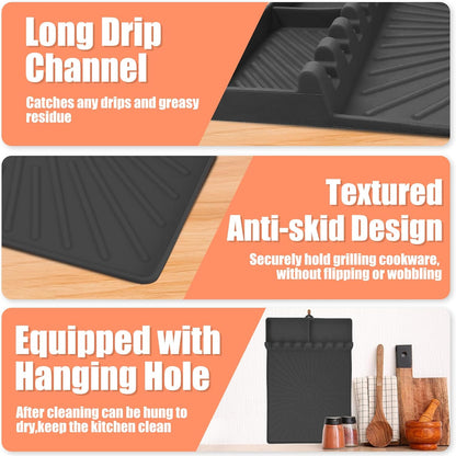 Large Silicone Grill Mat with Drip Pad, Heat Resistant Spatula Holder for Blackstone Side Shelf & Outdoor Kitchen Countertop, Reusable Griddle Accessories for BBQ Enthusiasts and Home Cooks