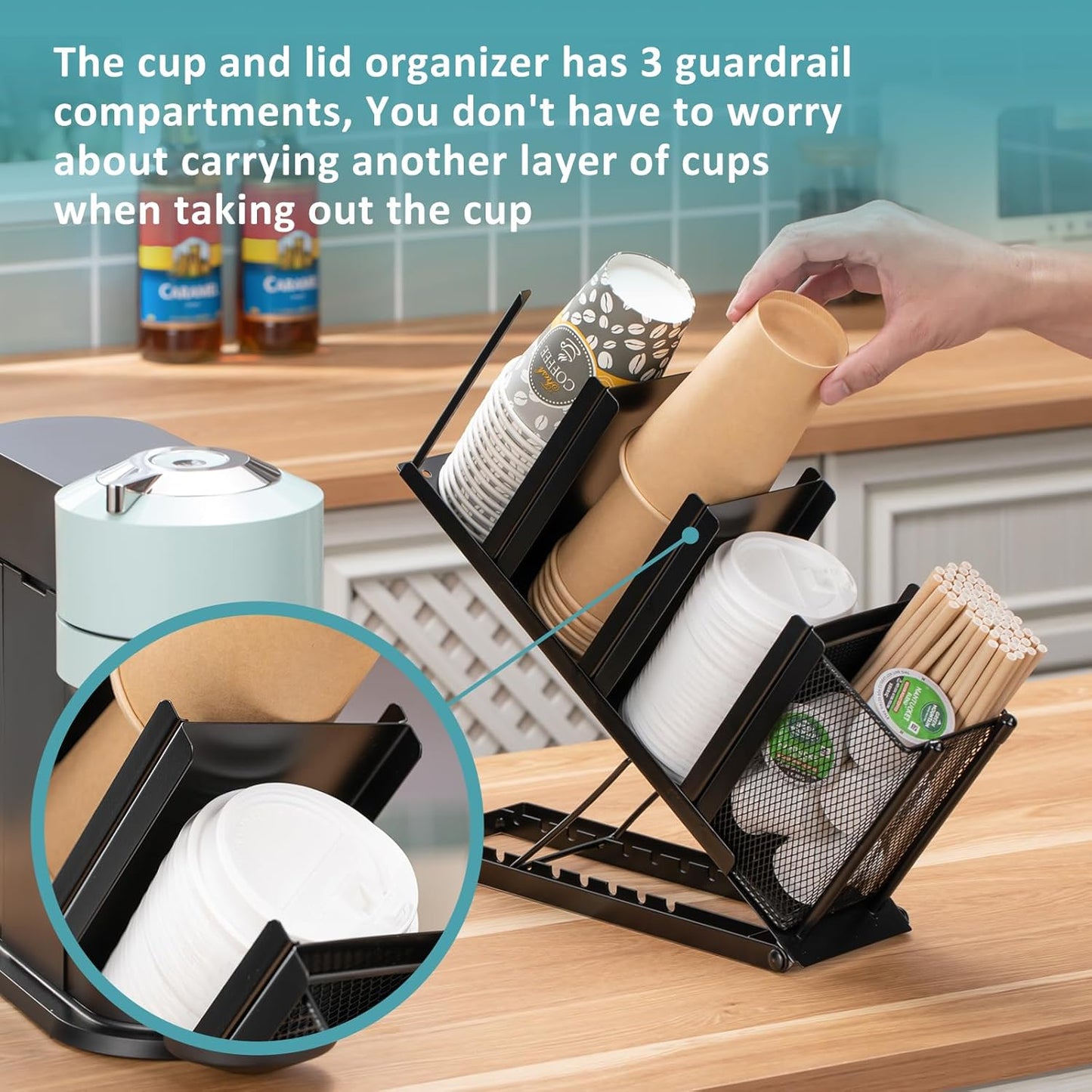 Coffee Cup Holder Organizer 4 Compartment Disposable Cup Dispenser, Cup and Lid Holder with Mesh Basket for Countertop Coffee Station Bar, Black