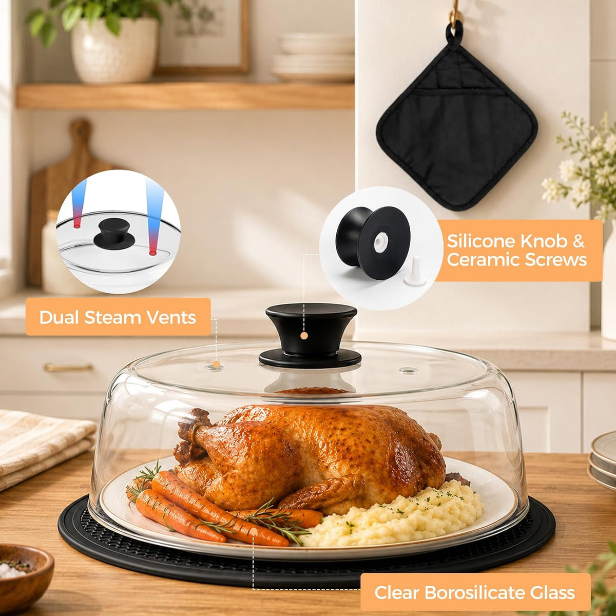 10" Glass Microwave Splatter Cover for Food with Silicone Trivet