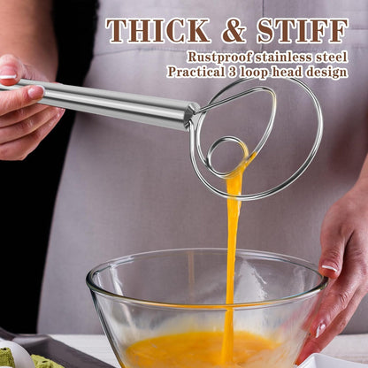 Hand Whisk Stainless Steel Dough Hook Dutch Whisk for Sourdough Bread Dough Mixer Hand Wooden Handle Kitchen Whisking Mixing Tool Bread Making Tools (1 eye)