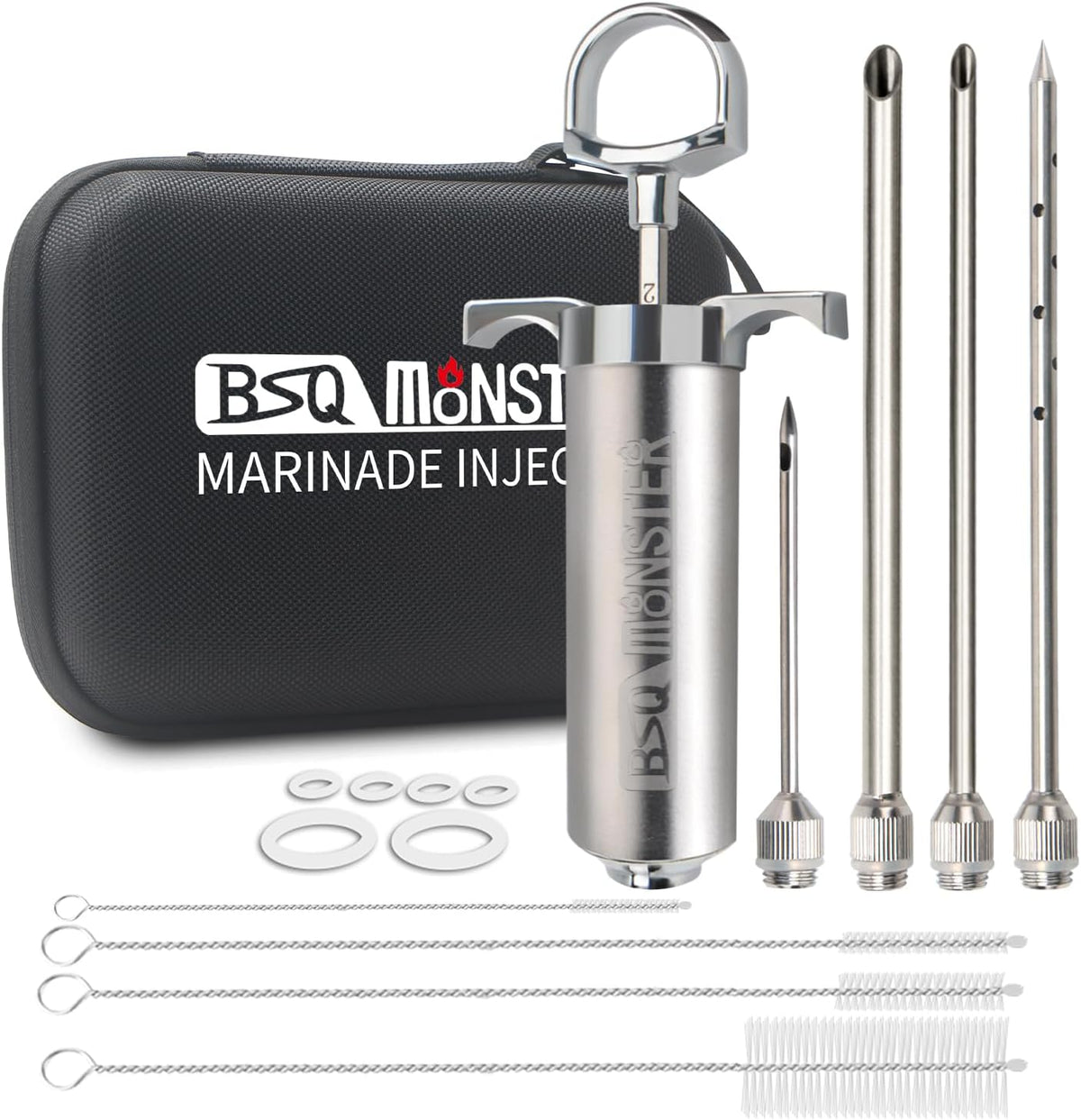 BSQ MONSTER Meat Injector Syringe Kit with 4 Professional Marinade Injector Needles and Travel Case for BBQ Grill Smoker, Turkey, Brisket; 2-oz Capacity; Paper User Manual and E-Book (PDF)