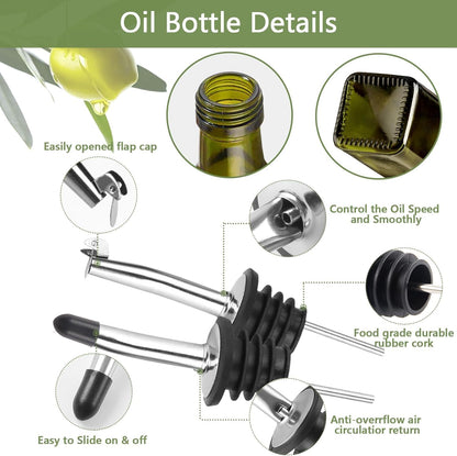 Leaflai Olive Oil Dispenser Bottle, Glass Olive Oil Dispenser and Vinegar Dispenser Set with Stainless Steel Pourers, 4 Labels,1 Brush and 1 Funnel Oil Bottles for Kitchen (500ml)