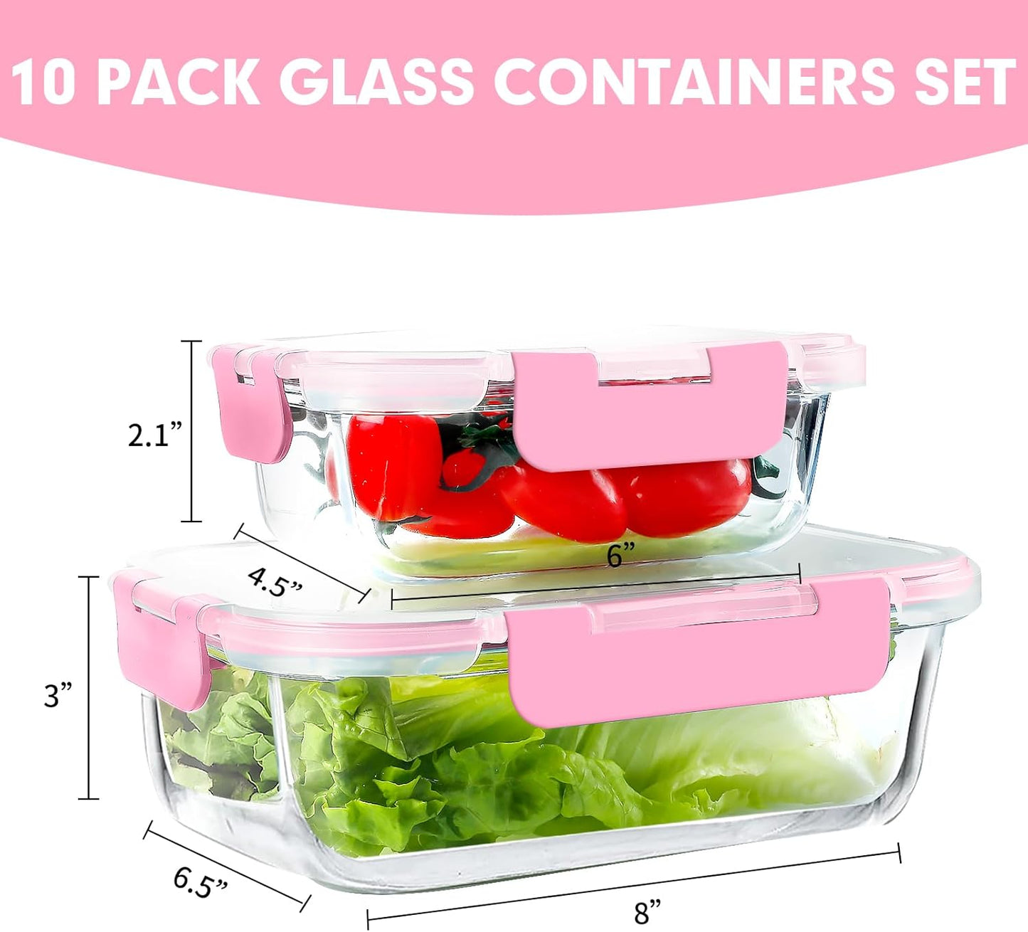 VERONES 10Pack Glass Meal Prep Containers, Airtight Glass Lunch Containers,Stackable Glass Food Storage Containers Set with Lids,Exclusive of BPA, for Microwave,Oven, Freezer&Dishwasher Friendly,Green