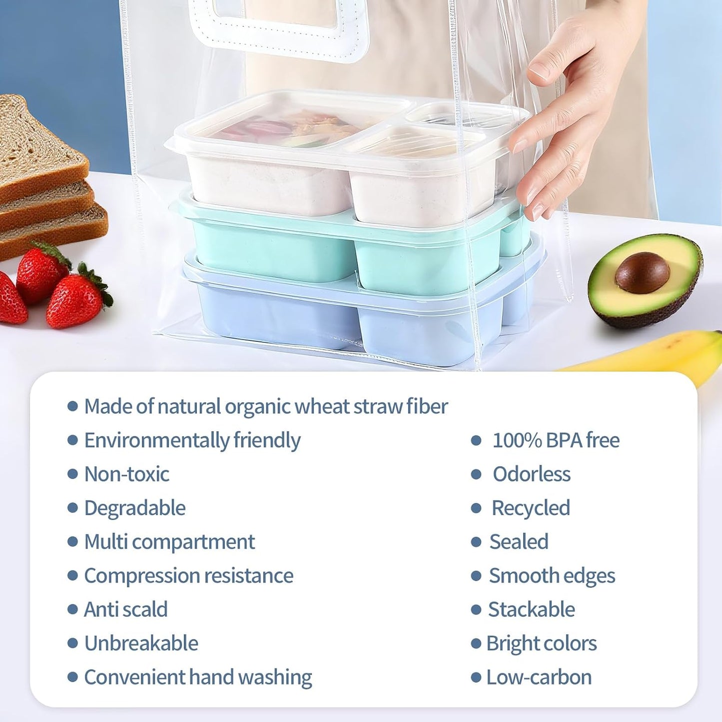 Bento Box Adult Lunch Box - 3 Pack,3-Compartment Leak-Proof Bento Boxes Ideal Portion Sizes for Kids , Reusable Food Storage Snack Containers,Microwave and Dishwasher Safe & Food-Safe Materials (blue)