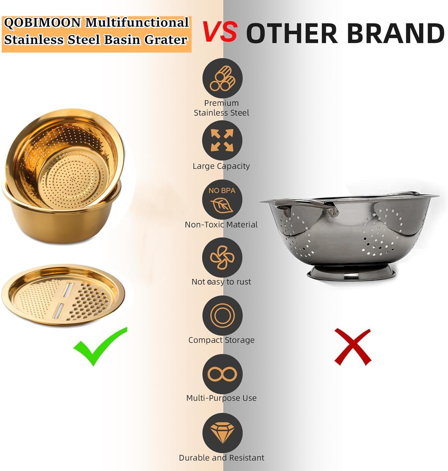 3PC/Set Colander set Stainless Steel Vegetable Slicer Fruit Potato Peeler Carrot Grater Strainer Utensil Round Rice Washer Bowl Drain Basket-Gold