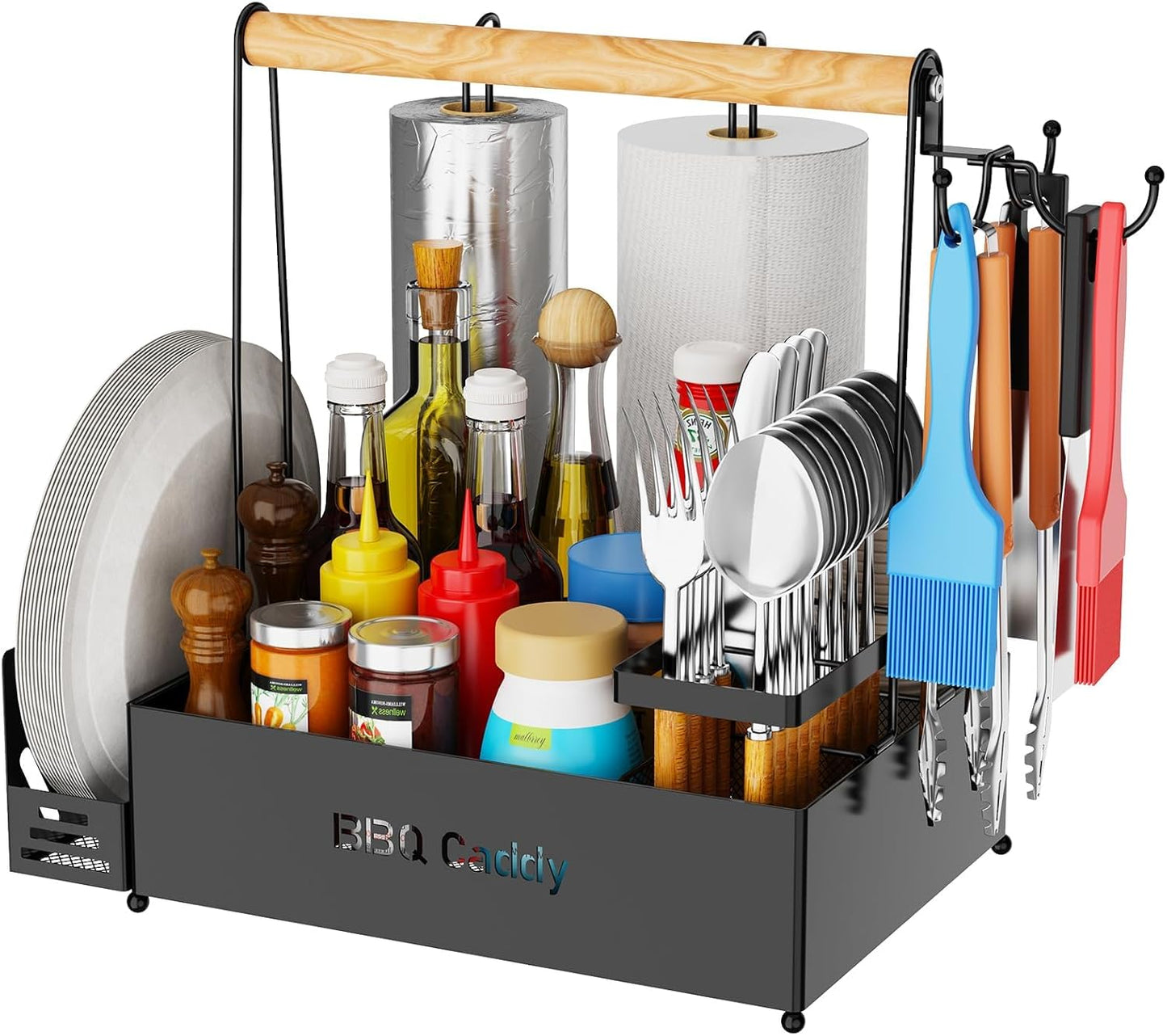 Grill Caddy with Paper Towel Holder, Picnic BBQ Condiment Utensil Organizer Caddy for Camping, Rv, Camping Accessories, Camping Essential, Camper Must Haves, Barbecue Tool Sets