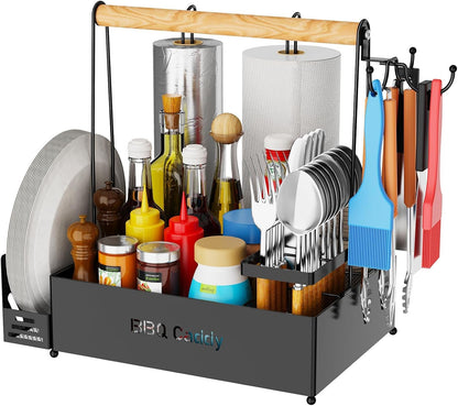 Grill Caddy with Paper Towel Holder, Picnic BBQ Condiment Utensil Organizer Caddy for Camping, Rv, Camping Accessories, Camping Essential, Camper Must Haves, Barbecue Tool Sets