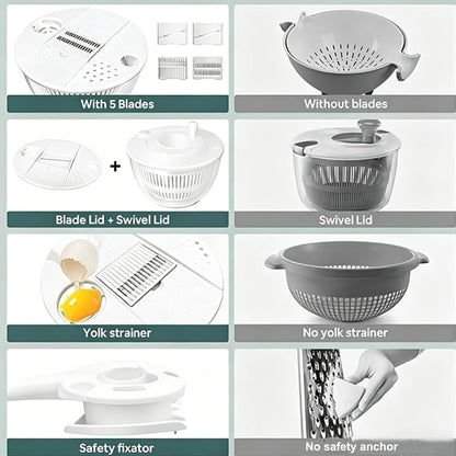 Ceruaxb Salad Spinner Chopper Large with 5 Blades Slicer, Vegetables Fruits Wash Bowl, Lettuce Spinner and Dryer, Egg Yolk Strainer Slicer Shredder for Kitchen Colander, 5.3 Qt, Green