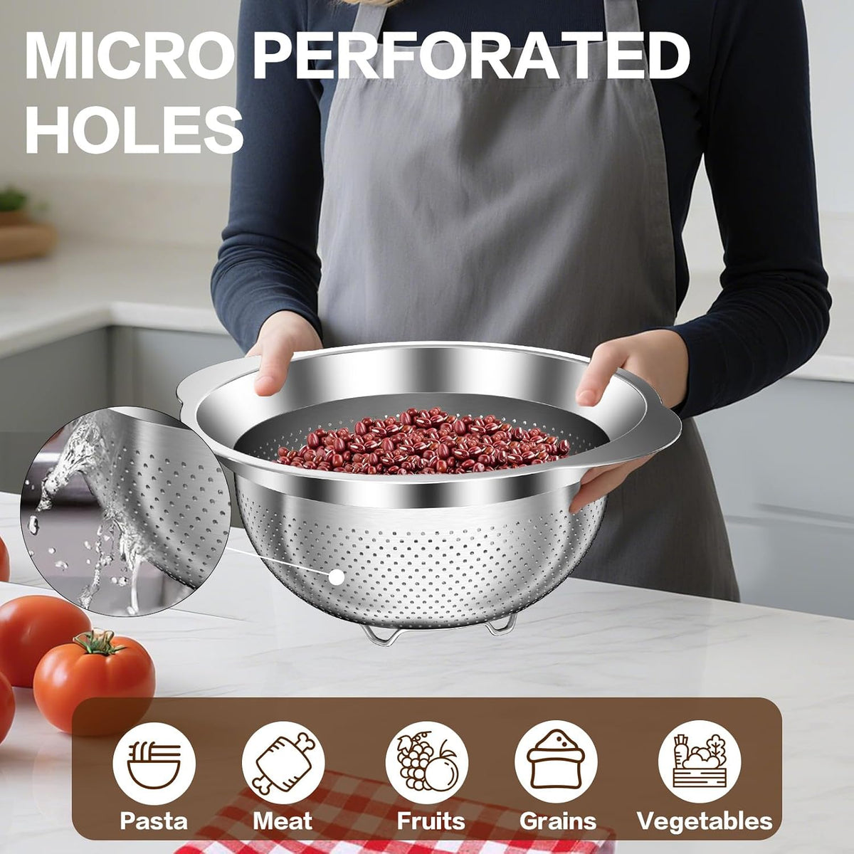 Stainless Steel Colander for Kitchen, Strainers and Colanders, 5-3-2 Qt