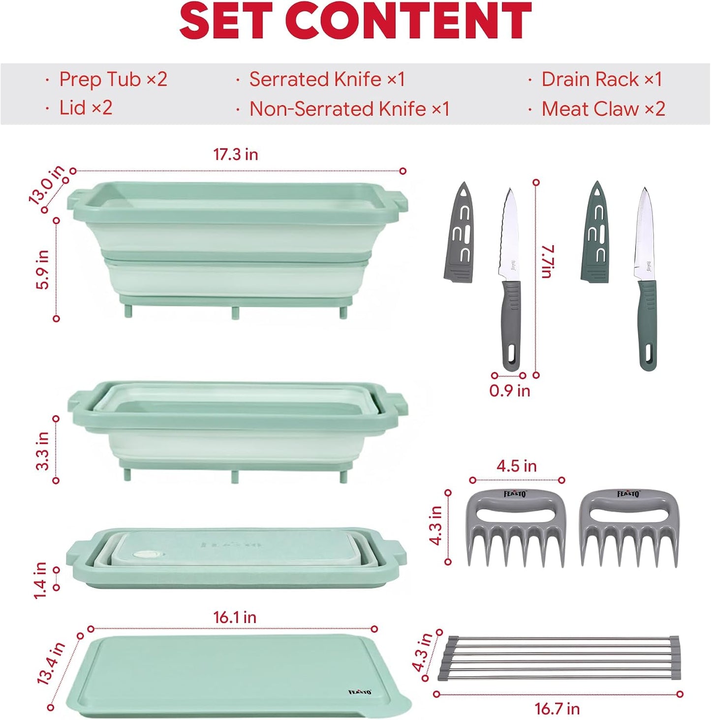 Feasto Collapsible BBQ Prep Tubs with Cutting Board, 9-IN-1, 2 Tubs Portable Grill Prep Station with Side Brackets, Lids, Knives, Meat Claws and Drain Rack, Space-Saving for Kitchen & Camping, Black