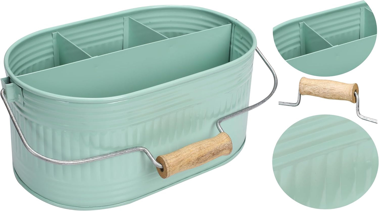 Alpha Living Home Galvanized Metal Utensil Caddy - Rustic Farmhouse Organizer Metal Garden Caddy with 4 Compartments and Wooden Handle for Kitchen, Buffet & Outdoor Events (Silver)