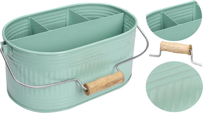 Alpha Living Home Galvanized Metal Utensil Caddy - Rustic Farmhouse Organizer Metal Garden Caddy with 4 Compartments and Wooden Handle for Kitchen, Buffet & Outdoor Events (Silver)