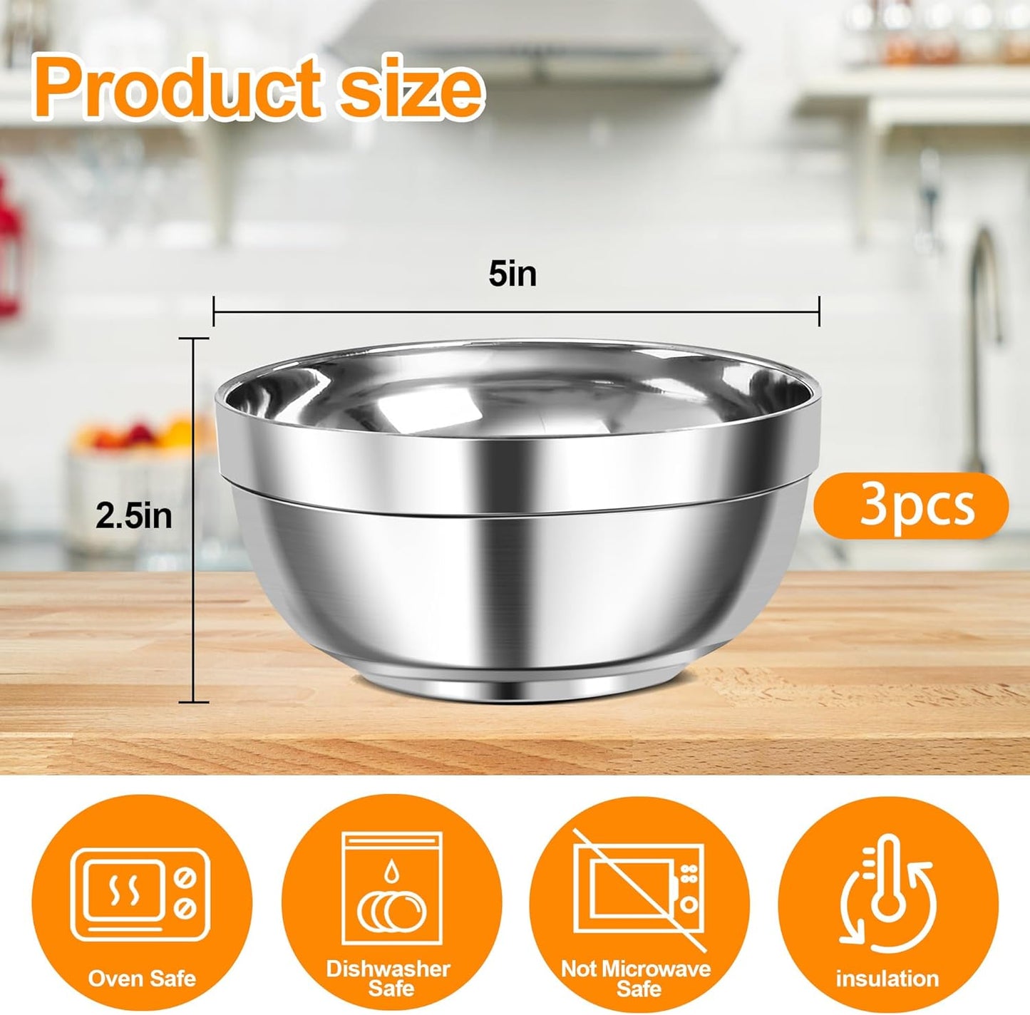 3 Pack Stainless Steel Bowls, 12oz Double-Walled Insulated Serving Dishes Snack Bowls for Ramen, Salad, Ice Cream, Soups