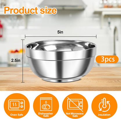 3 Pack Stainless Steel Bowls, 12oz Double-Walled Insulated Serving Dishes Snack Bowls for Ramen, Salad, Ice Cream, Soups