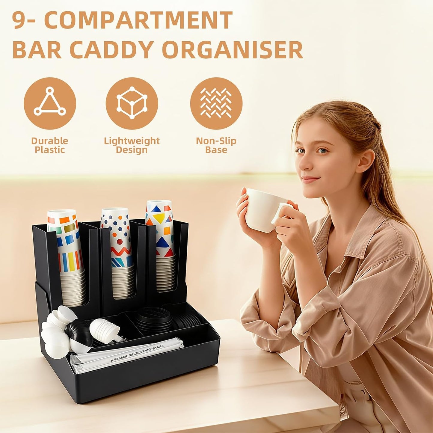 Commercial Cup and Lid Holder with Straw Organizer,Disposable Coffee Cup Condiment Dispenser for Countertop Org, Coffee Bar, Beverage Cup, Kitchen, Breakroom (11 Compartment Upright)