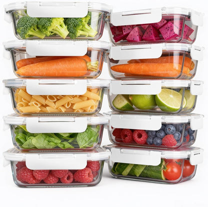 KAMOTA Glass Food Storage Containers, 10 Pack Glass Meal Prep Containers, Airtight Containers with Snap-Lock Lids, 22 oz Grey Container Set with Lids, for Microwave/Oven/Freezer/Dishwasher