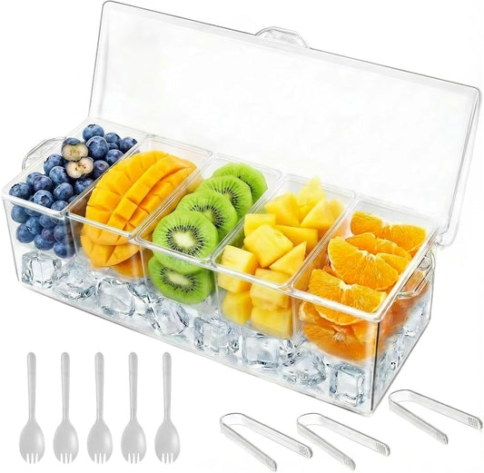 Ice Chilled Condiment Caddy with Lid - 5 Removable Compartments, Serving Containers for Fruit, Caddy, Snack, Sauce, Bar Garnish Holder on Ice, Clear Garnish Tray for Parties and Restaurants (1 Pack)