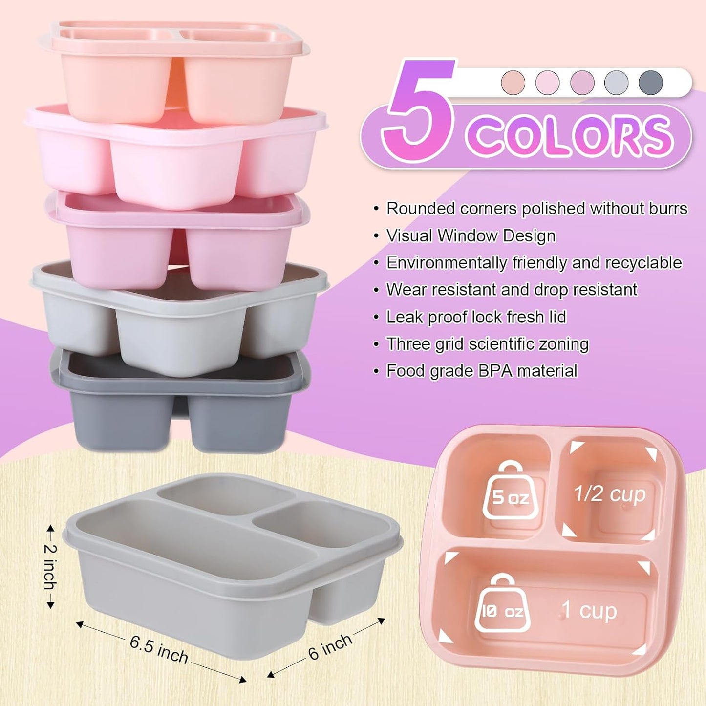 Honeydak 5 Pack Snack Containers 3 Compartment Bento Snack Boxes Divided Meal Prep Containers with Lids Reusable Adults Lunch Food Storage Box for School Work Travel(Elderberry)