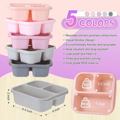 Honeydak 5 Pack Snack Containers 3 Compartment Bento Snack Boxes Divided Meal Prep Containers with Lids Reusable Adults Lunch Food Storage Box for School Work Travel(Elderberry)