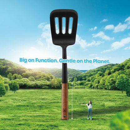 Cooking Ladle: Silicone Kitchen Utensil with Long Wooden Handles, Heat Resistant Cookware, Protects Surfaces with Gentle Head Design, Portion Batter, Professional Chef Wok Soup Ladle