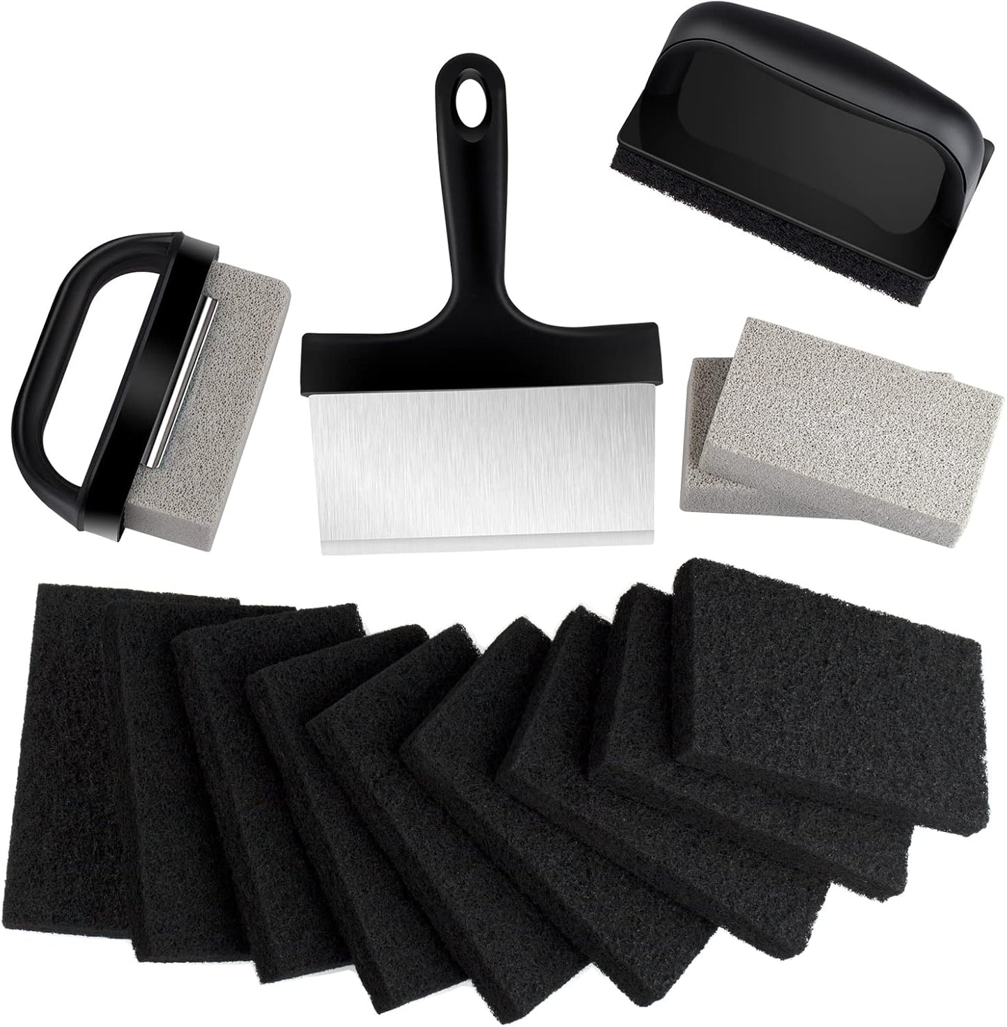 Blackstone Griddle Cleaning kit 16 Pcs, Heavy Duty Grill Cleaning Stone Bricks with Handle,Griddle Scrubber Scouring Pads with Handle and 6" Grill Scraper,Griddle Cleaner Brush Set for Flat Top