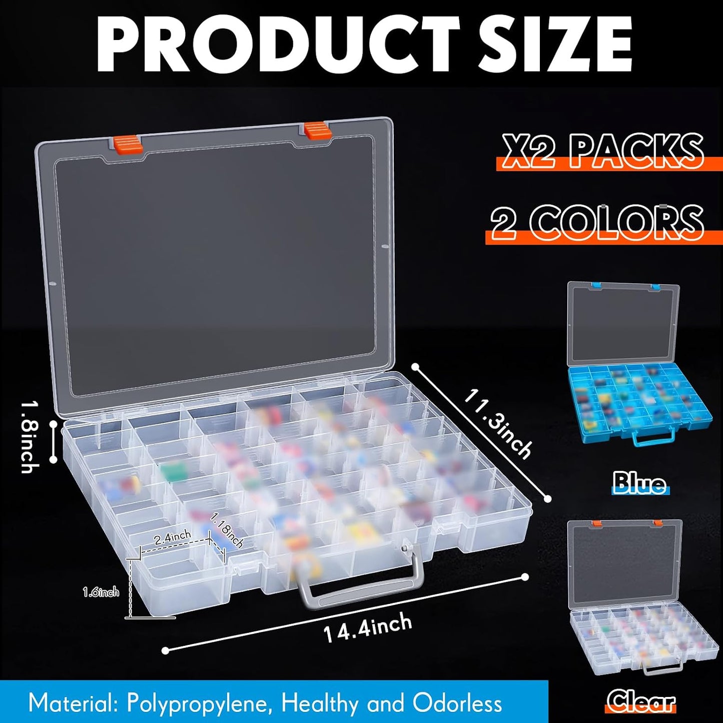Juexica 2 Pcs Large 48 Grids Plastic Storage Bead Organizer Box, Tackle Box, Compartment Organizer Container with Adjustable Dividers for Jewelry Art Crafts Toys Screw Small Parts(Clear)