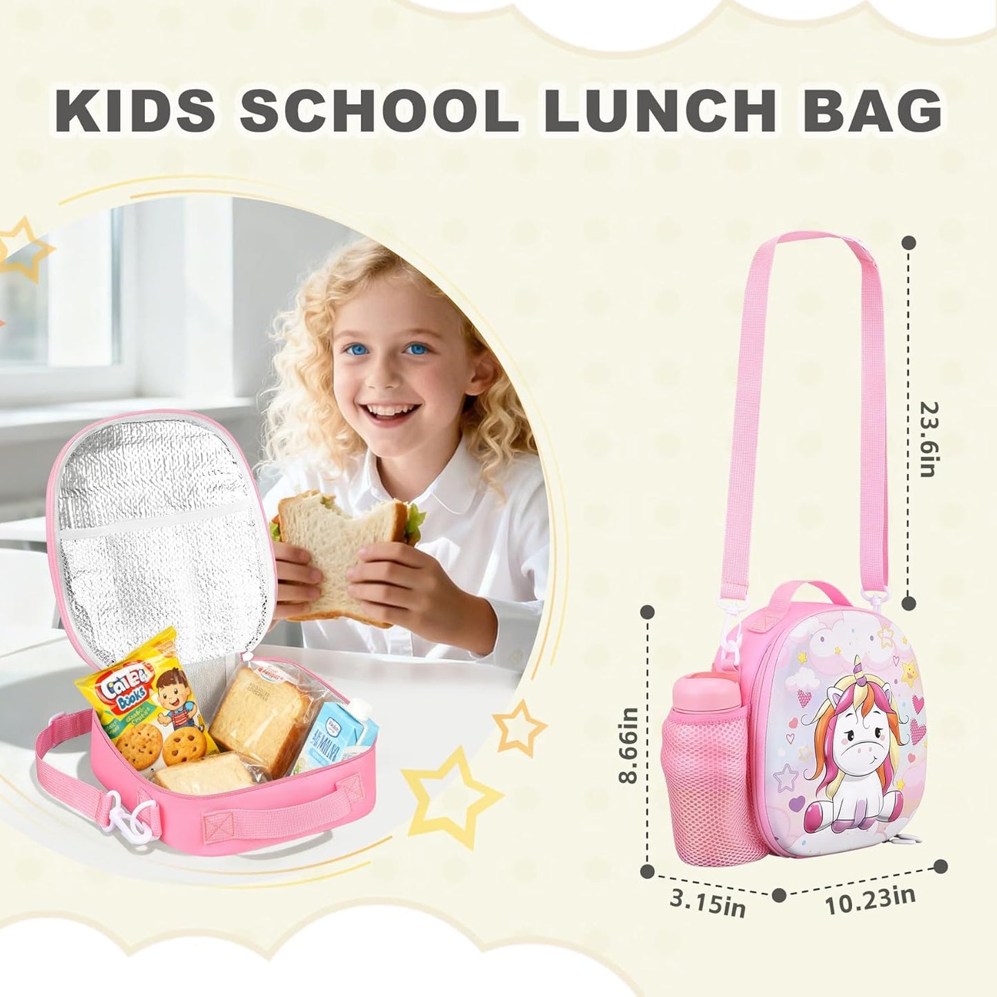 Kids Lunch Box for Kids Insulated Reusable Lunch Bag Tote Durable Children Leak-proof Lunchbox with Adjustable Shoulder Strap for School Daycare Travel Picnic (Navy - 3D Dinosaur)