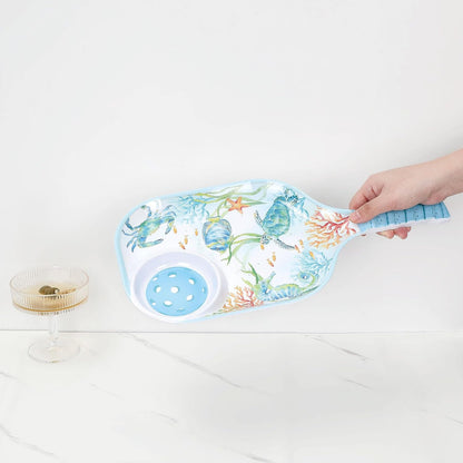 UPware Flamingo Melamine Chip and Dip Snack Tray, Tropical Floral Pickleball Paddle Shape Platter for Chips, Salsa, Fruits, and Appetizers, 15.75 x 8 Inch