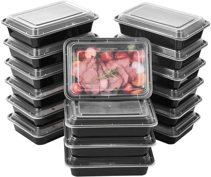 FULING 32 oz 50 ct Round Meal Prep Containers with Lids Plastic Food Storage Lunch Plan To Go Box Disposable Take Out Bowls Black BPA Free Reusable Durable Stackable Microwave Freezer Dishwasher Safe