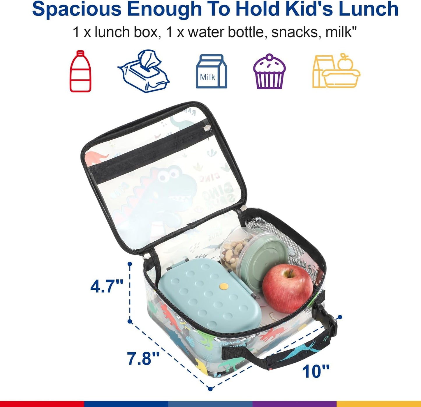 Bagseri Kids Lunch Bag Boys - Thermal Insulated Lunch Box Tote with Water Bottle Holder, Reusable Leak-Proof Kids Lunch Box for Daycare & School, Black Dinosaur (Containers Not Included)