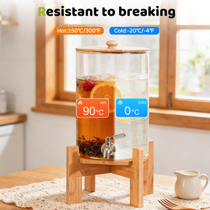 MOBYKE 2.2 Gallon Drink dispenser, Large Water Glass Beverage Dispenser With Wood Stand for Parties With Stainless Steel Spigot, Ideal for Lemonade,Juice, Tea, and Party Drinks