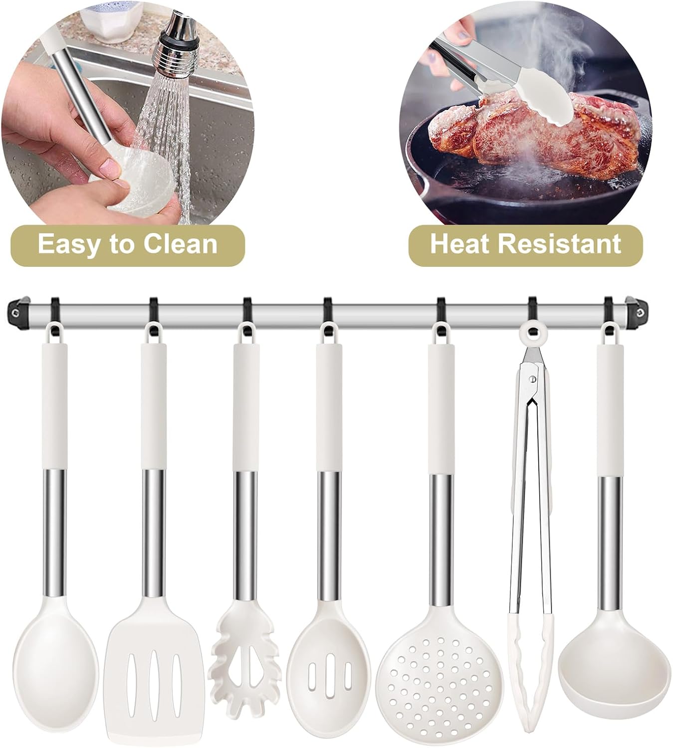 E-far Silicone Cooking Utensils Set, 7 Pcs Heat Resistant Kitchen Utensils with Stainless Steel Handle, Slotted Turner, Spoon, Soup Ladle, Pasta Server, Skimmer, Tongs for Nonstick Cookware, Black