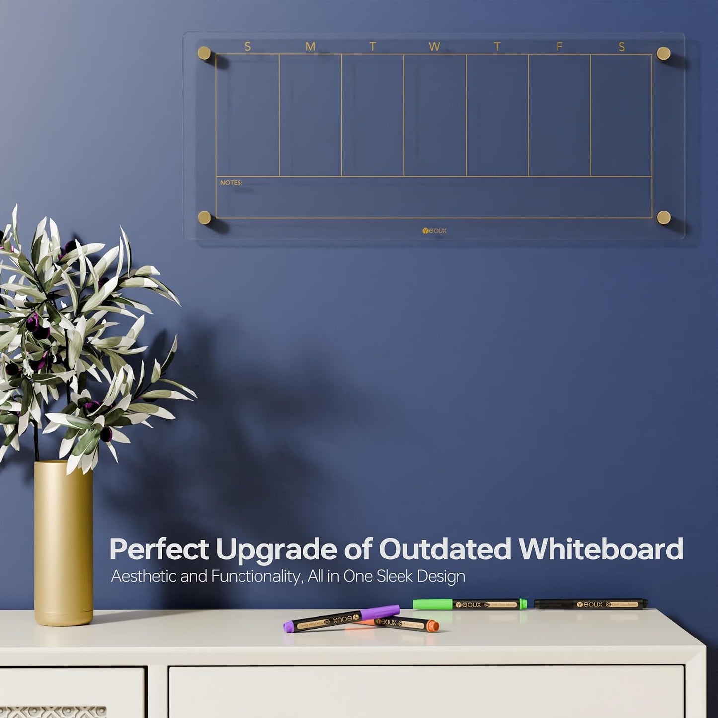 Clear Glass Weekly Dry Erase Calendar & Menu Non-Magnetic Whiteboard for Wall, Meal Plan & Grocery List White Board for Kitchen, 15x11, 7 Days Home Planner, 4 Wet Erase Markers Included, Yeoux
