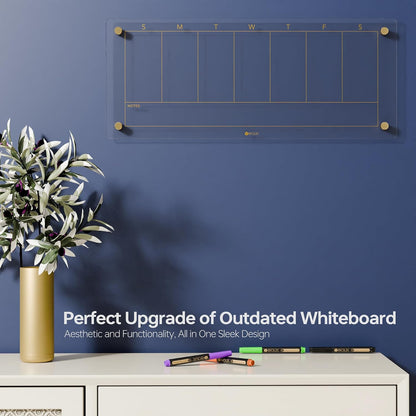 Clear Glass Weekly Dry Erase Calendar & Menu Non-Magnetic Whiteboard for Wall, Meal Plan & Grocery List White Board for Kitchen, 15x11, 7 Days Home Planner, 4 Wet Erase Markers Included, Yeoux