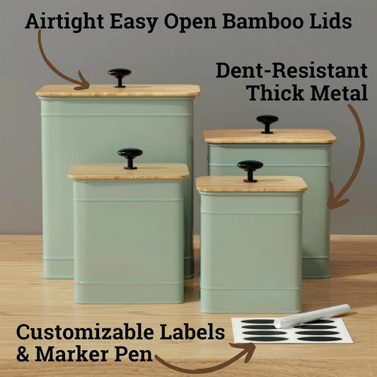 Kitchen Canisters for Countertop Set of 4 w/ Chalkboard Labels & Marker Pen | Airtight Easy Open Bamboo Lids, Dent-Resistant Thick Metal, Customizable Chalkboard Labels, Marker Pen Included, Set of 4