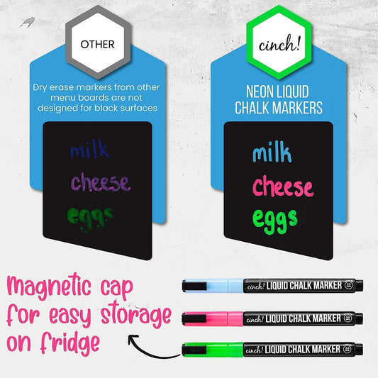 Cinch! 16x12-Inch Chalkboard Weekly Menu - Magnetic Meal Planner Board for Refrigerator - Reusable Black Menu Board with 3 Neon Liquid Chalk Markers - Weekly Food Planner for Kitchen Organization