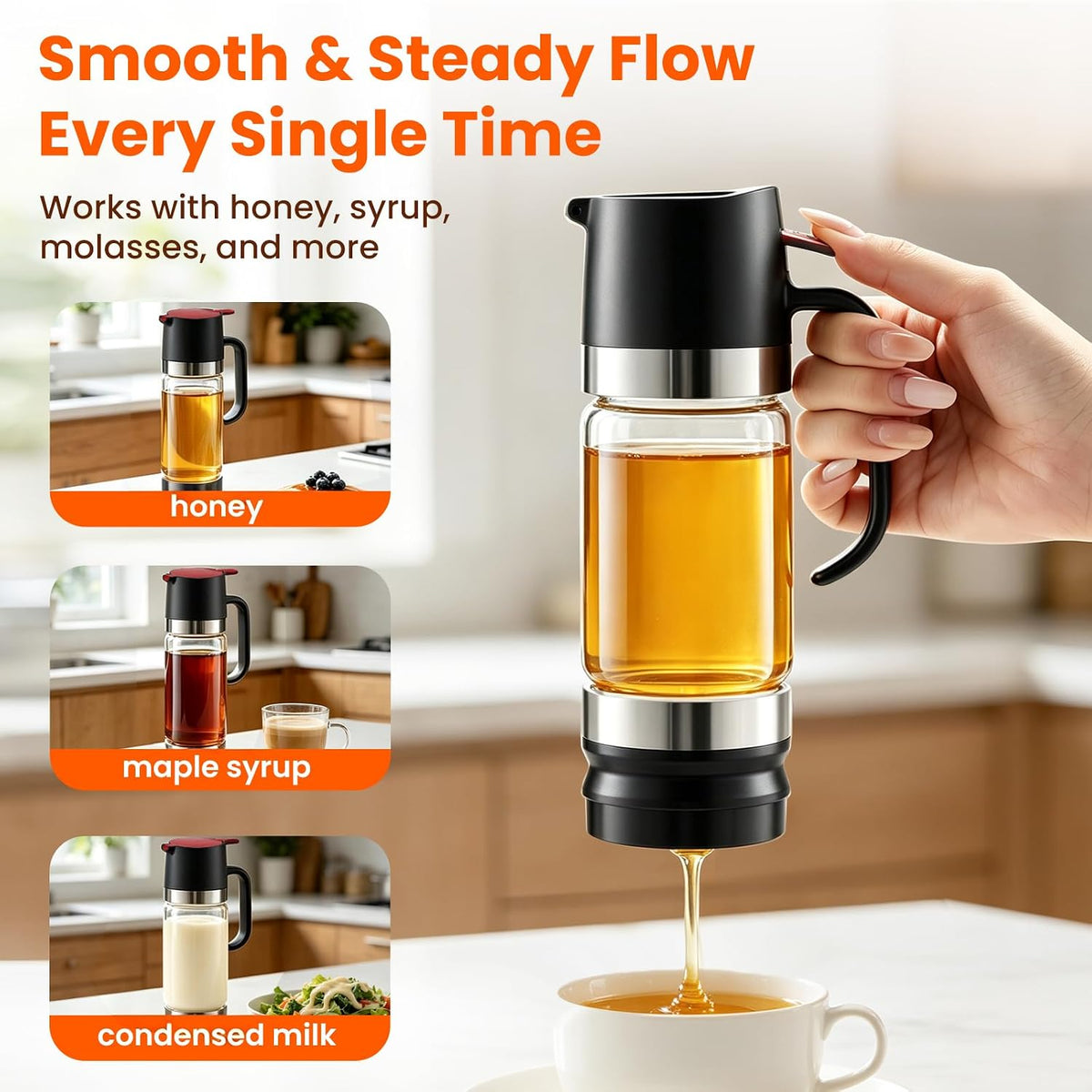 Glass Honey Dispenser Push-Button with Handle (Yellow), No Drip Glass Jar, Leak-Proof Bottom: One-Handed Press to Serve Honey or Syrup onto Coffee, Tea, Pancakes & Desserts (Yellow, 9, ounces)