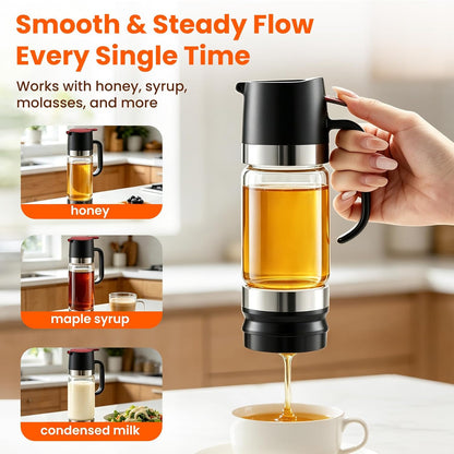 Glass Honey Dispenser Push-Button with Handle (Yellow), No Drip Glass Jar, Leak-Proof Bottom: One-Handed Press to Serve Honey or Syrup onto Coffee, Tea, Pancakes & Desserts (Yellow, 9, ounces)