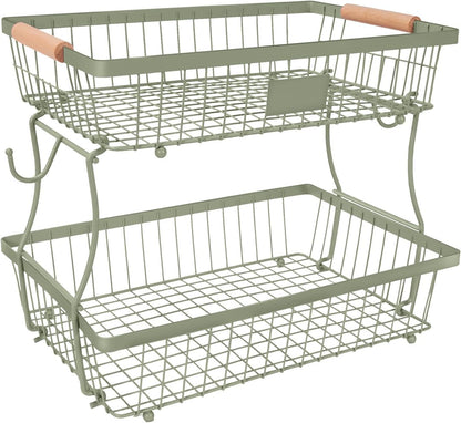 Fruit Basket Bowl 2 Tier Detachable with 2 Banana Hangers, Fruit Stand Holder for Kitchen Countertop, Metal Wire Vegetable Storage Organizer, for Bread Snack Veggies Produce, Black