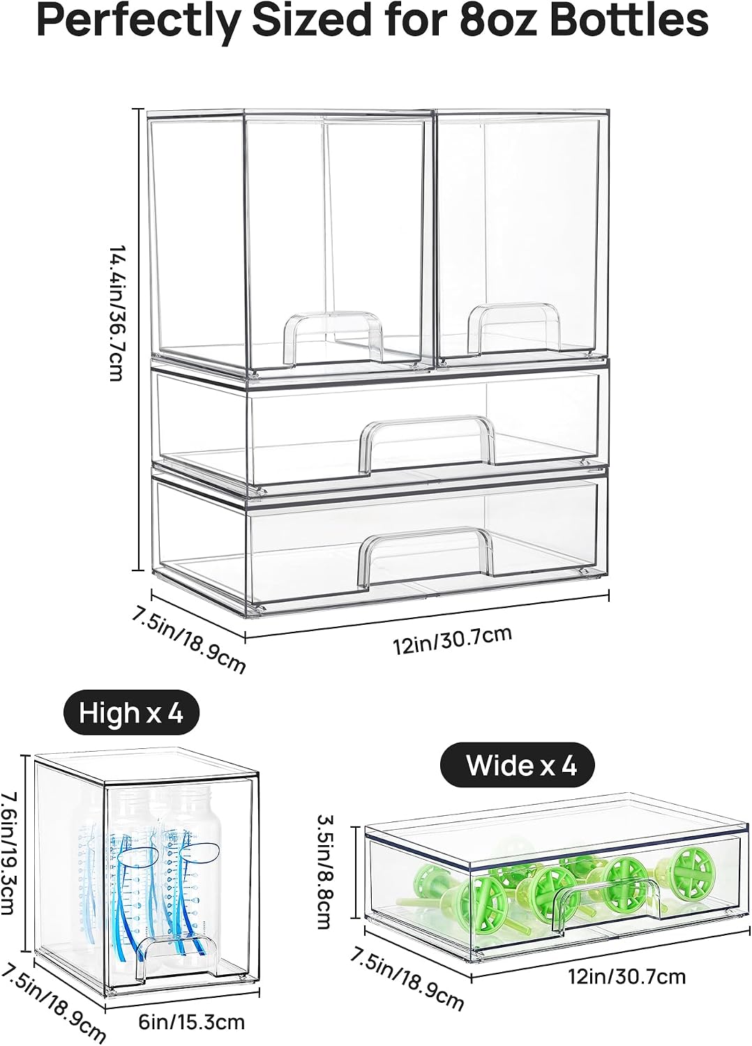 Vtopmart Stackable Storage Drawers Set of 5, Clear Plastic Organizer Bins for Baby Bottle, Beauty Supplies Storage, Ideal for Kichen Countertop, Vanity, Bathroom, Cabinet, Pantry Organization
