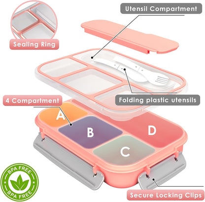 WHALEHOUSE Bento Lunch Box, 1300ML 4 Compartments Meal Prep Container with Utensil, Airtight Food Storage Container with Snap Locking Lids, Microwave/Dishwasher/Freezer Safe, On the Go