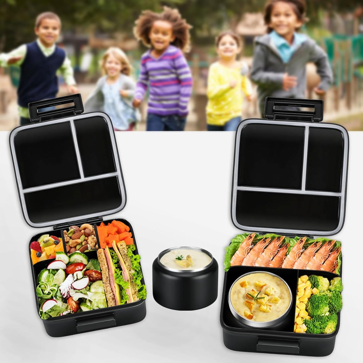 MAISON HUIS Bento Lunch Box with 8oz Soup Thermo and Insulated Lunch Bag, Kids Leakproof Lunch Food Containers with 5 Compartment, Boys Girls Thermo Hot Food Jar for Travel, School, BPA Free (Black)