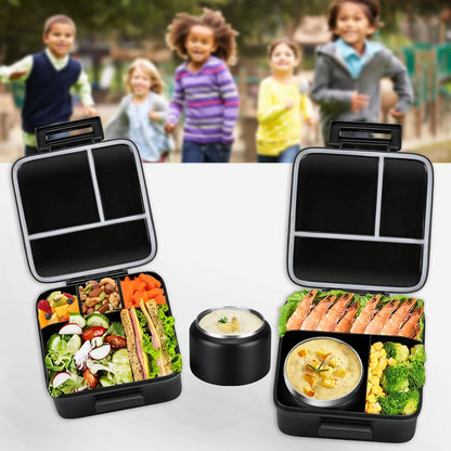 MAISON HUIS Bento Lunch Box with 8oz Soup Thermo and Insulated Lunch Bag, Kids Leakproof Lunch Food Containers with 5 Compartment, Boys Girls Thermo Hot Food Jar for Travel, School, BPA Free (Black)