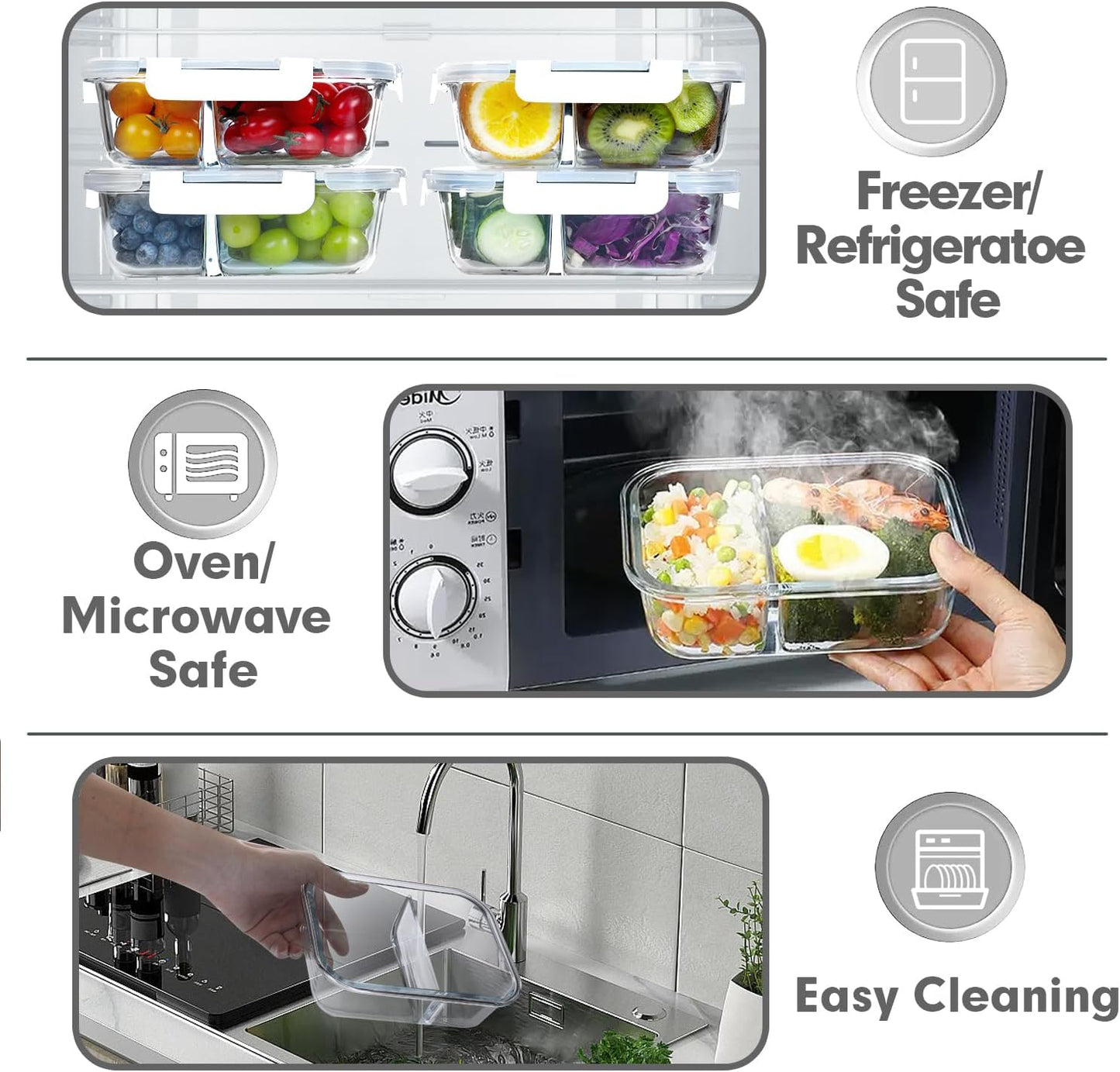 VERONES 10 Pack Glass Meal Prep Containers 2 Compartment Set, 30 OZ Airtight Glass Lunch Containers, Glass Food Storage Containers with Lids, for Microwave, Oven, Freezer & Dishwasher Friendly，Grey