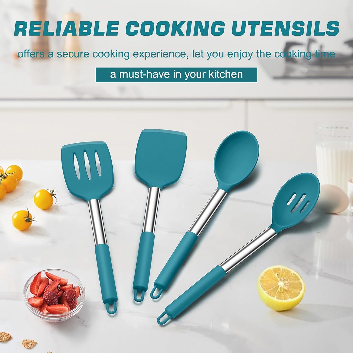 TeamFar Kitchen Utensils, 4 PCS Silicone Cooking Utensils Spatula Spoon Set with Stainless Steel Handle, for Frying Mixing Draining Turning, Healthy & Heat-proof, Non-stick & Dishwasher Safe - Black